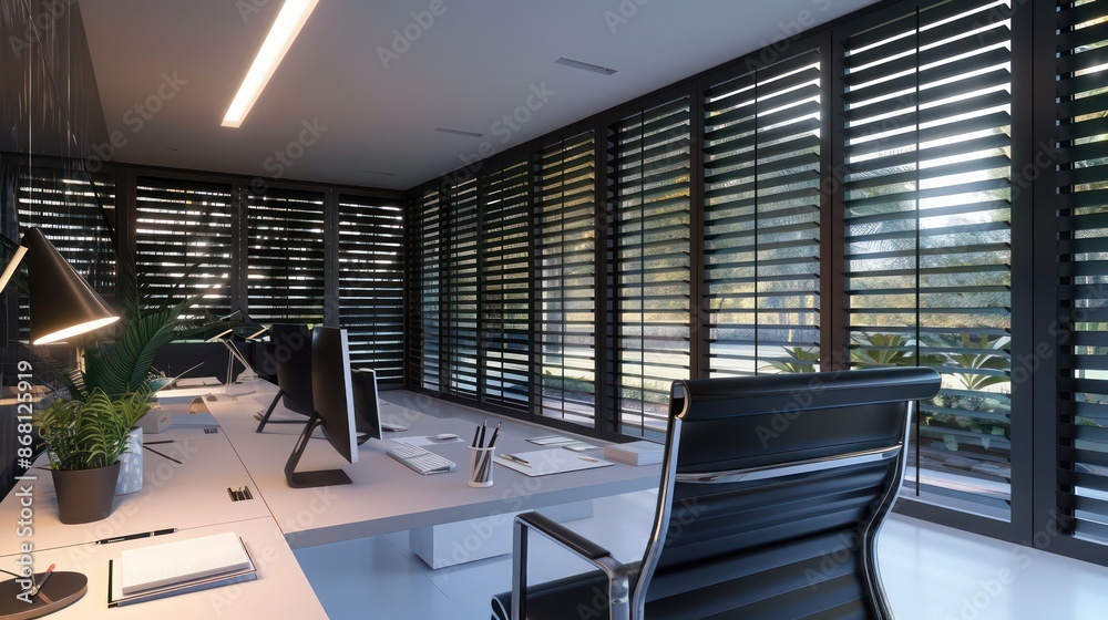 minimalist architecta??s office with sleek black Bahama shutters, emphasizing sharp clean lines