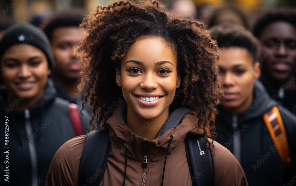 A group of Black students smile for a photo during a Black History Month celebration in the city A group of Black students smile for a photo during a Black History Month celebration in the city