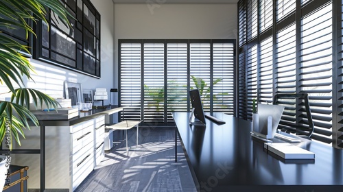 minimalist architecta??s office with sleek black Bahama shutters, emphasizing sharp clean lines photo