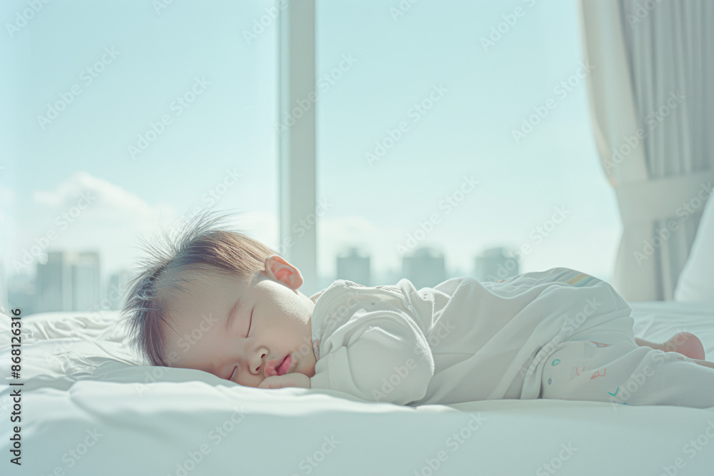 A baby is sleeping on a bed A baby is sleeping on a bed