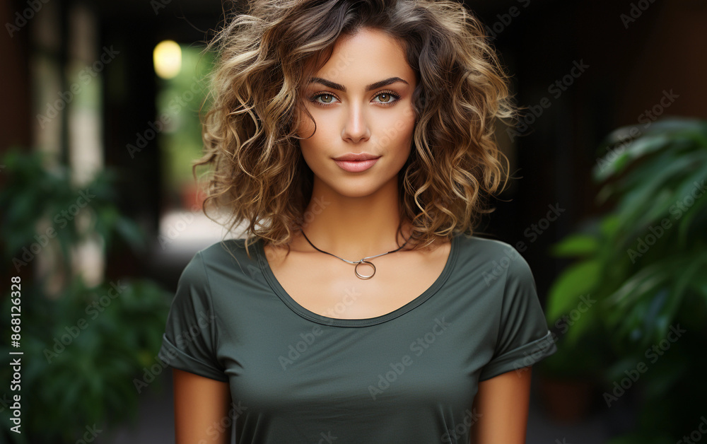Fototapeta premium A young woman with curly hair, wearing a green t-shirt, looks directly at the camera