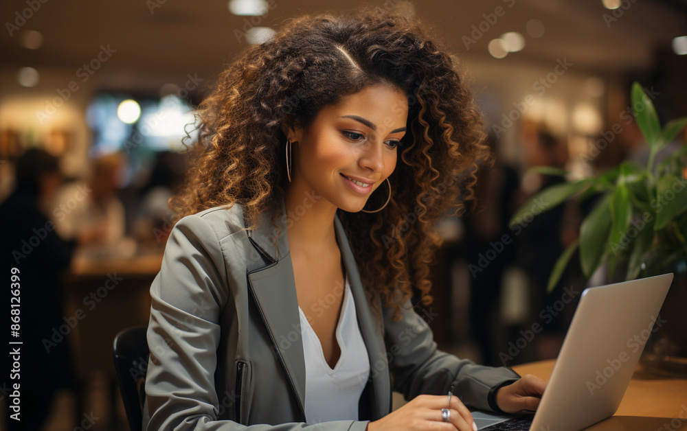 A Black woman with curly hair works on her laptop in a modern cafe setting at night A Black woman with curly hair works on her laptop in a modern cafe setting at night