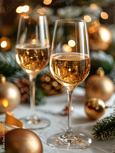 Two wine glasses filled with champagne on a table with Christmas decorations © Kowit
