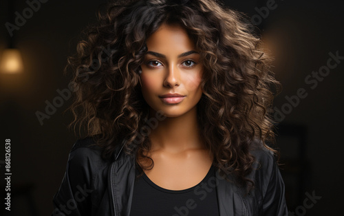 A young woman with curly black hair stands in a studio setting, looking directly at the camera