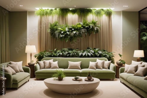 Spacious modern living room with a comfortable sofa and tropical plants, bathed in warm light photo