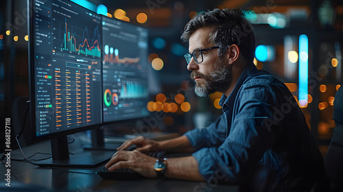 A senior financial expert gathered around a computer screen, analyzing a dashboard displaying sales and operations data, big data analysis, corporate strategy, operations and marketing in a modern off