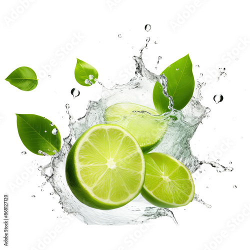 lime and water splash isolated on transparent white background, clipping path
