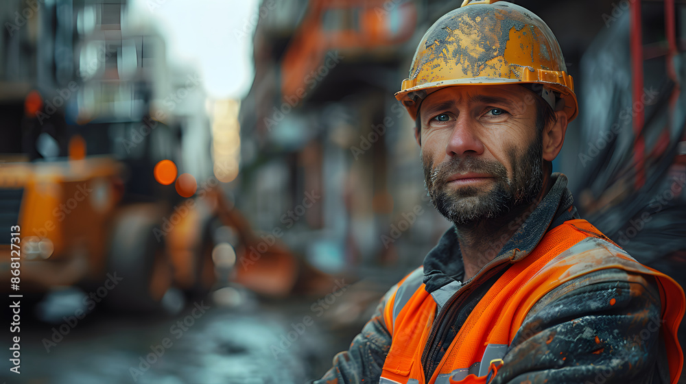 Portrait of a Construction Worker with a Hard Hat and Safety Vest in an Urban Construction Site with Machinery in the Background, Representing Dedication and Hard Work in the Construction Industry Portrait of a Construction Worker with a Hard Hat and Safety Vest in an Urban Construction Site with Machinery in the Background, Representing Dedication and Hard Work in the Construction Industry