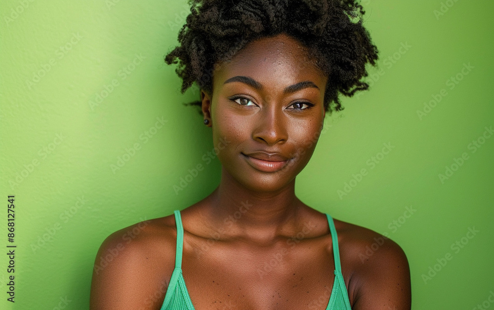 A close-up portrait of a trans female with short, curly hair, wearing a green tank top and smiling slightly A close-up portrait of a trans female with short, curly hair, wearing a green tank top and smiling slightly