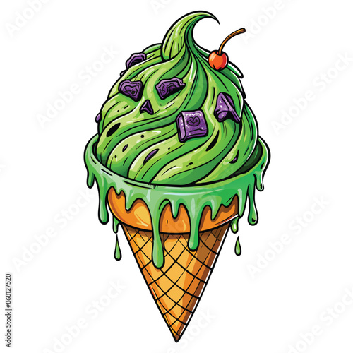 Sticker design with an cone ice cream on white background.