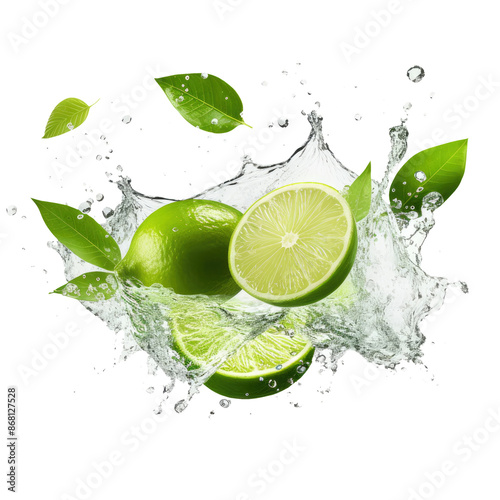 lime and water splash isolated on transparent white background, clipping path