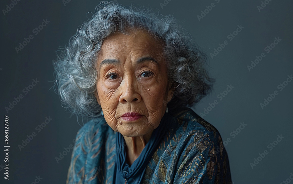A close-up portrait of an elderly transgender woman of Micronesian descent, looking directly at the camera with a neutral expression A close-up portrait of an elderly transgender woman of Micronesian descent, looking directly at the camera with a neutral expression