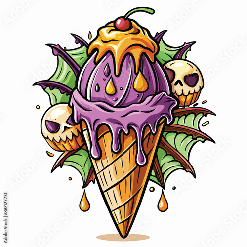 Sticker design with an cone ice cream on white background.