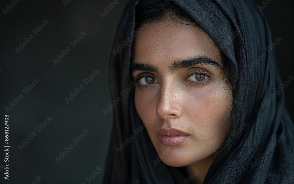 A close-up portrait of a young Arab woman wearing a black hijab, looking directly at the camera A close-up portrait of a young Arab woman wearing a black hijab, looking directly at the camera