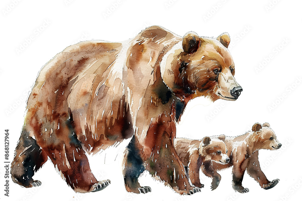 Watercolor painting of a mother brown bear and her two cubs walking ...
