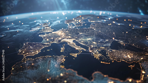 European telecommunication network connected over Europe, France, Germany, UK, Italy, concept about internet and global communication technology for finance