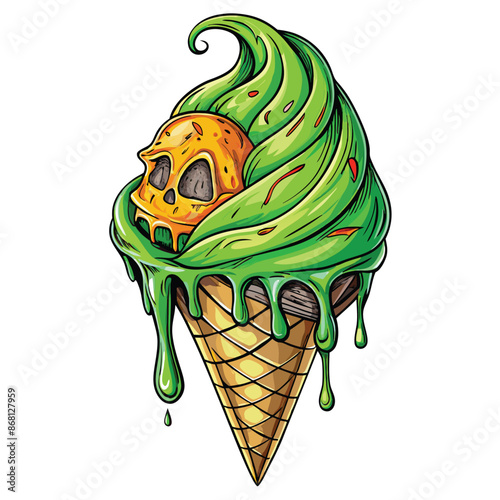 Sticker design with an cone ice cream on white background.