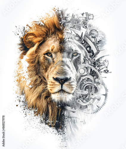 The face of a male lion is half mechanical, with robotic enhancements showcasing advanced technology and strength, Wildlife Animals