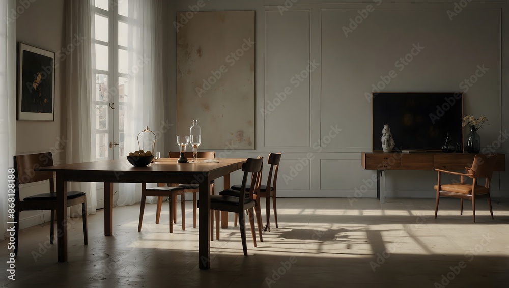 The cultural significance of a dining table in a minimalist painting, capturing its simplicity yet depth ai_generated The cultural significance of a dining table in a minimalist painting, capturing its simplicity yet depth ai_generated