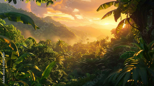 view of tropical rainforest with vibrant green foliage at sunrise, graphic design. Generative AI.