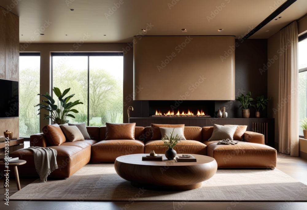 living space that combines earthy tones and textures, with curved architectural elements and modern furniture pieces. living space that combines earthy tones and textures, with curved architectural elements and modern furniture pieces.