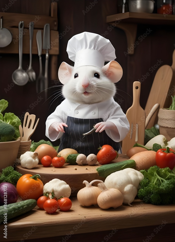 A white mouse wearing a chef's hat and apron, standing on a wooden table surrounded by various vegetables and cooking utensils A white mouse wearing a chef's hat and apron, standing on a wooden table surrounded by various vegetables and cooking utensils