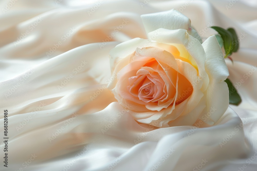 An exquisite rose is elegantly placed on a smooth, flowing silk fabric backdrop