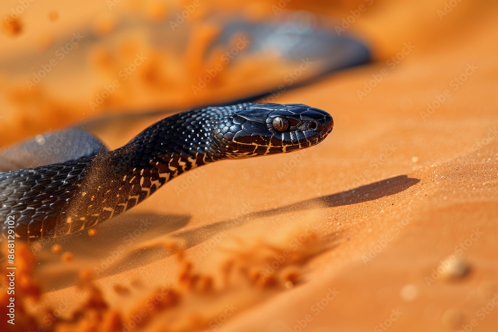 Fototapeta premium Black snake on sunlit desert sand surface.