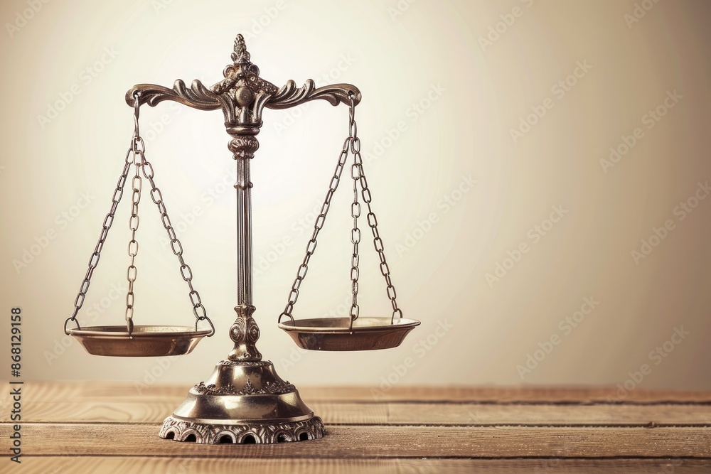 Elegant bronze scales of justice on wooden surface. Elegant bronze scales of justice on wooden surface.