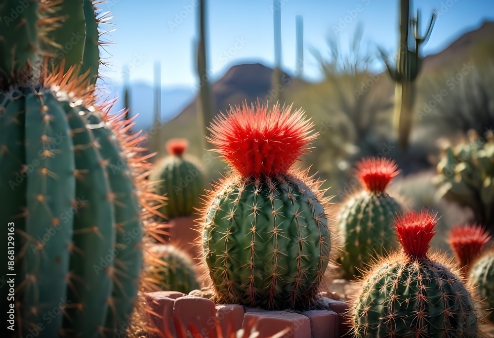 A close-up of a red barrel cactus with its distinctive spines against a blurred background of other cacti and greenery
A close-up of a red barrel cactus with its distinctive spines against a blurred background of other cacti and greenery