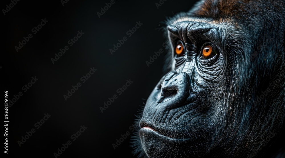 Close-up portrait of a gorilla against dark backdrop. Close-up portrait of a gorilla against dark backdrop.
