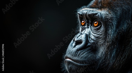 Close-up portrait of a gorilla against dark backdrop. © kardaska