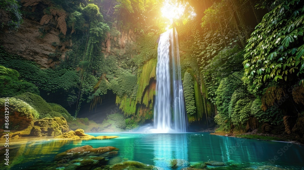 A stunning waterfall in the midst of a lush, green forest, with a tranquil pool at the base and sunlight filtering through the trees A stunning waterfall in the midst of a lush, green forest, with a tranquil pool at the base and sunlight filtering through the trees