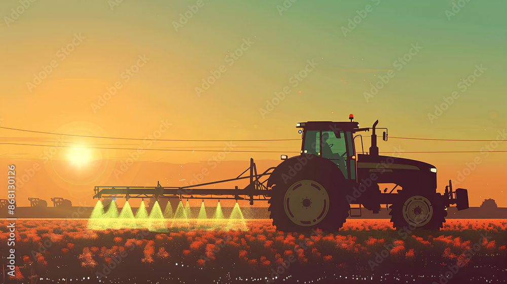 Fototapeta premium irrigation tractor driving spraying or harvesting an agricultural crop at sunset with information infographic data datum as banner design for agriculture industry and food supply production concepts