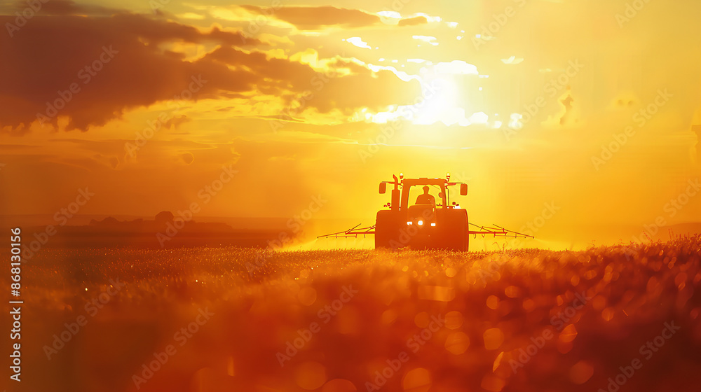 irrigation tractor driving spraying or harvesting an agricultural crop at sunset with information infographic data datum as banner design for agriculture industry and food supply production concepts irrigation tractor driving spraying or harvesting an agricultural crop at sunset with information infographic data datum as banner design for agriculture industry and food supply production concepts
