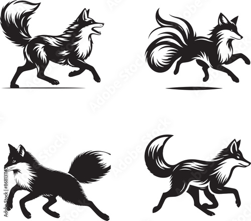 Fox black and white vector silhouette illustration
