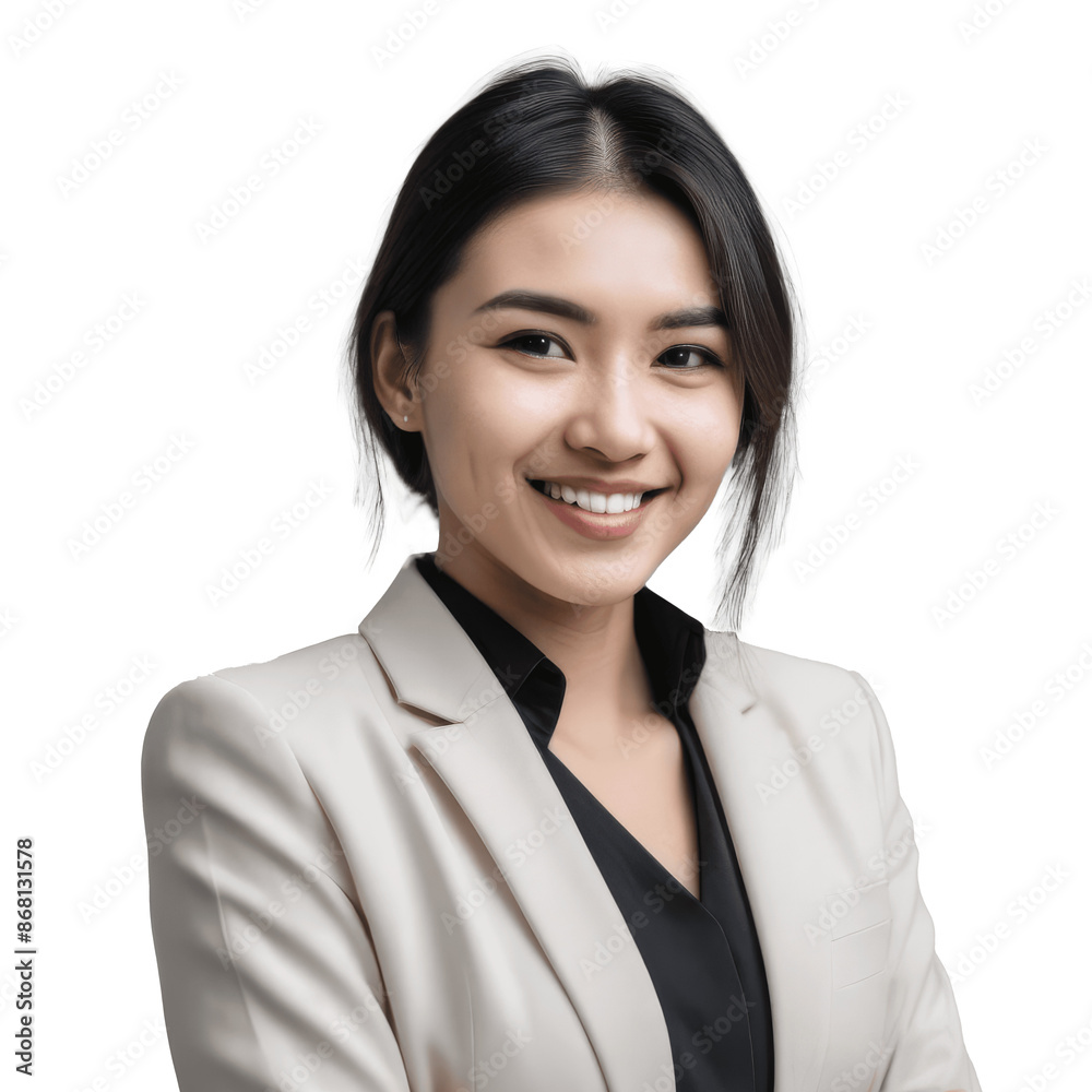 portrait of a smiling asian businesswoman in suit isolated on transparent background