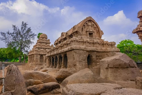 Exclusive Monolithic - Five Rathas or Panch Rathas are UNESCO World Heritage Site located at Great South Indian architecture. World Heritage in South India, Tamil Nadu, Mamallapuram or Mahabalipuram.	