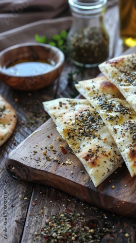 Close-up of flatbread topped with herbs and spices
