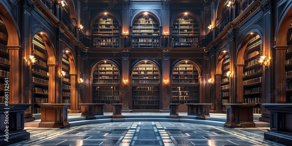 Obraz premium Grand Neo-Renaissance Library Interior with Ornate Wooden Architecture