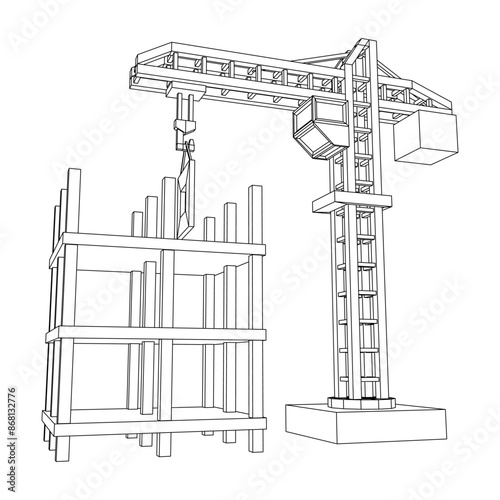 Construction crane tower. Building under construction industrial concept. Wireframe low poly mesh vector illustration.