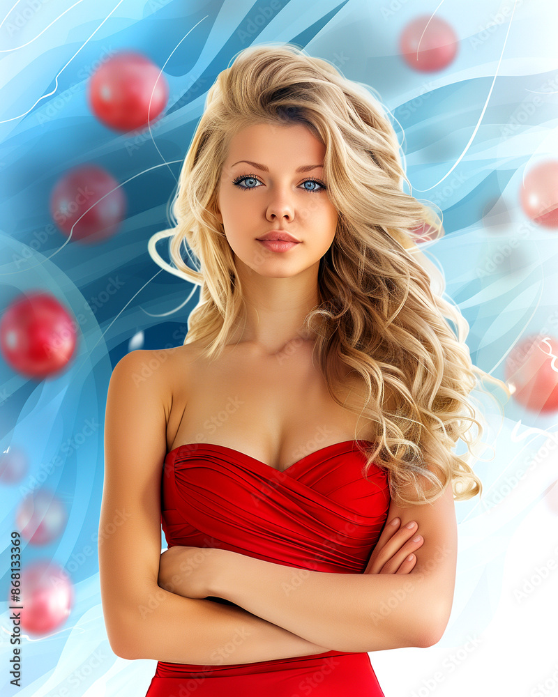 A woman in a red dress is standing in front of a blue background with red spheres. The spheres are scattered around her, creating a sense of movement and energy
