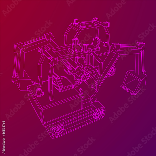 Heavy equipment excavator machine manufacturing power equipment for open pit mining. Wireframe low poly mesh vector illustration