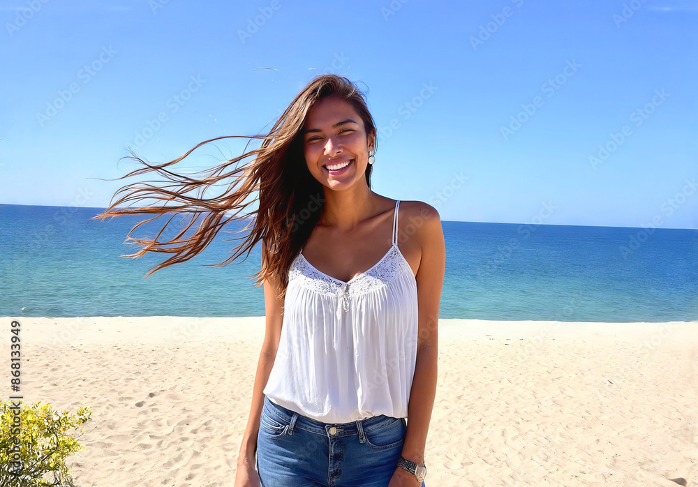 woman smiles on a beach with her hair blowing in the breeze, against a backdrop of ocean and clear blue sky woman smiles on a beach with her hair blowing in the breeze, against a backdrop of ocean and clear blue sky