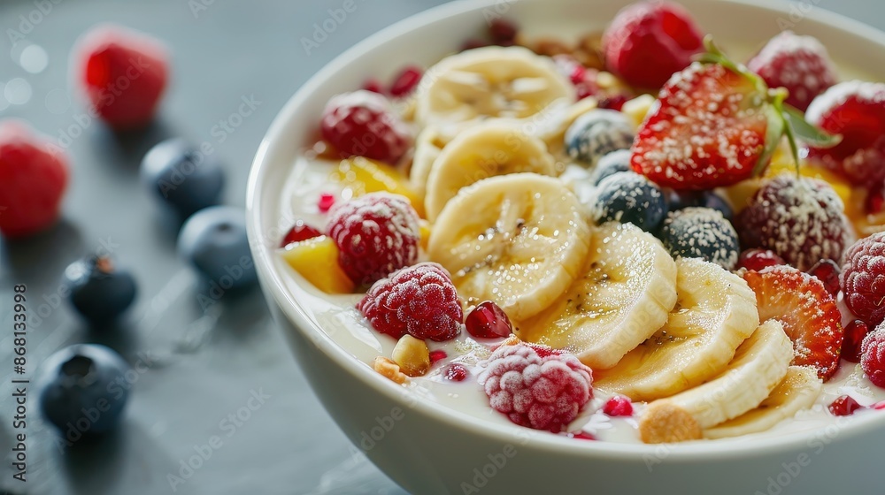 Nutritious Morning Delight: Close-up of Vibrant Fresh Fruit and Yogurt Breakfast Bowl Nutritious Morning Delight: Close-up of Vibrant Fresh Fruit and Yogurt Breakfast Bowl