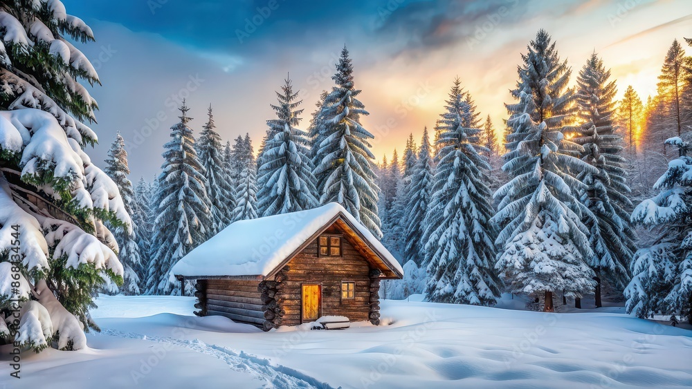 Winter landscape with a cozy wooden hut nestled in a snowy forest , winter, landscape, hut, cabin, snow, cold, cozy, wooden Winter landscape with a cozy wooden hut nestled in a snowy forest , winter, landscape, hut, cabin, snow, cold, cozy, wooden