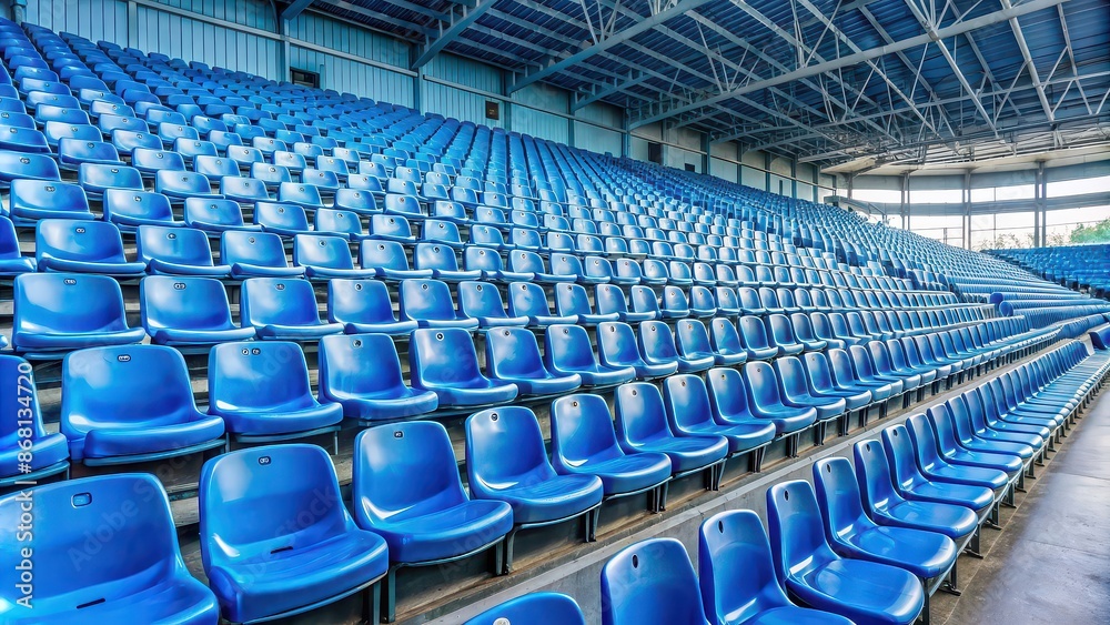 Naklejka premium Stadium with rows of blue seats, sports, arena, seating, event, game, architecture, outdoor, large, empty, grandstand