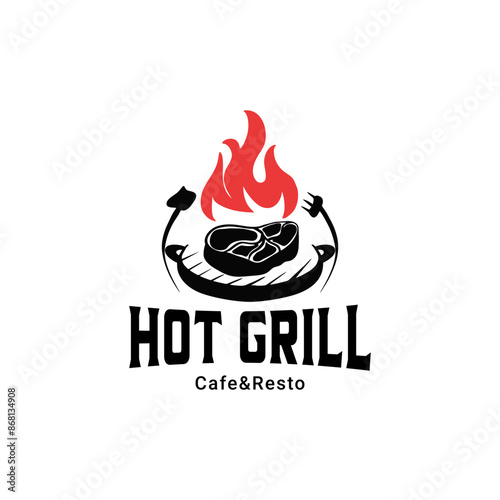Grilled meat with fire logo design outdoors. Charcoal grill set with engraved fork steak restaurant vector design. Restaurant cooking on a flaming grill