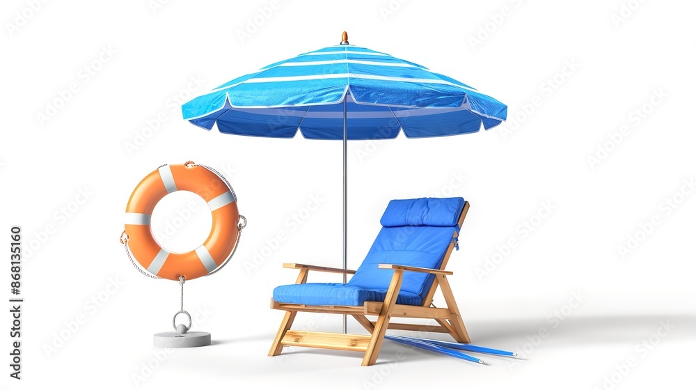 Beach Chair, Blue Beach Umbrella, and Ring Buoy
Beach Chair, Blue Beach Umbrella, and Ring Buoy