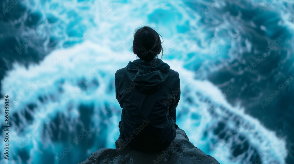 Fototapeta premium Woman Silhouetted Against Ocean Waves.